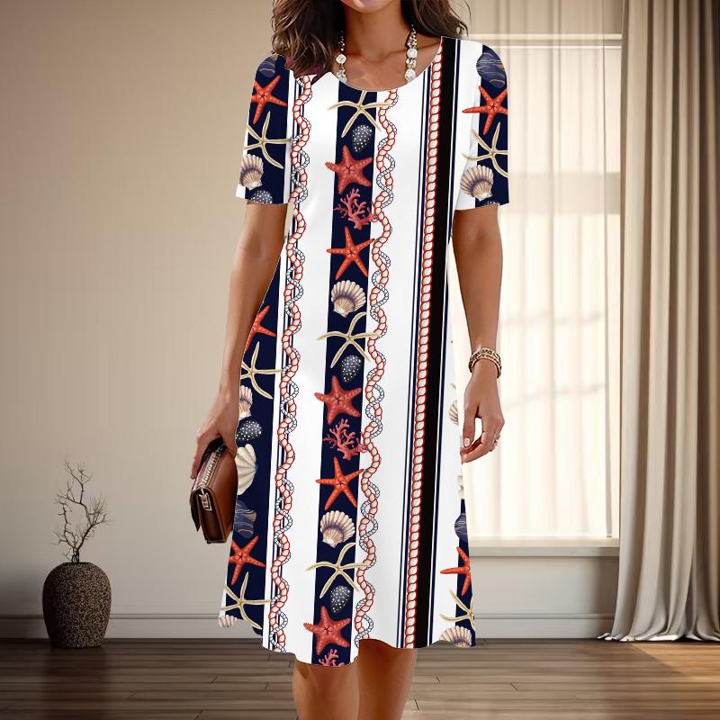 

Женская мода изящный ретро узор принт лето весна короткий рукав О-образный вырез повседневные платья XS белый