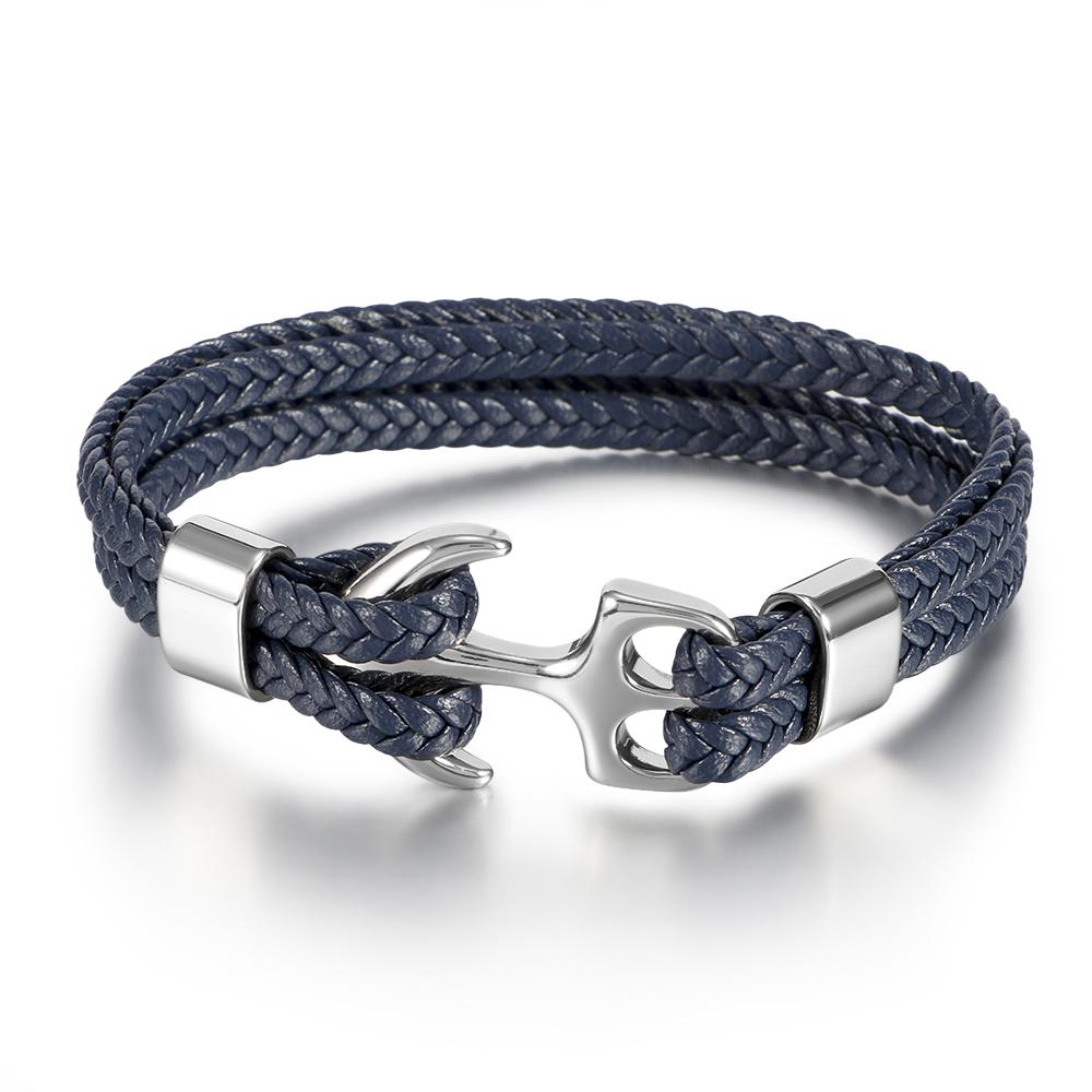 Handmade 18K Gold Plated 316L Stainless Steel Leather Animal Shape Punk Anchor Cuff Bracelet Braided for Men