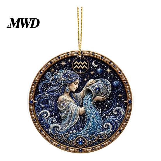Durable Acrylic Decor 2D Flat Pearl Painting Ornament, Double Sided Zodiac Theme Hanging Gem Valentine Day Gift Art Craft, Rhinestone Beads