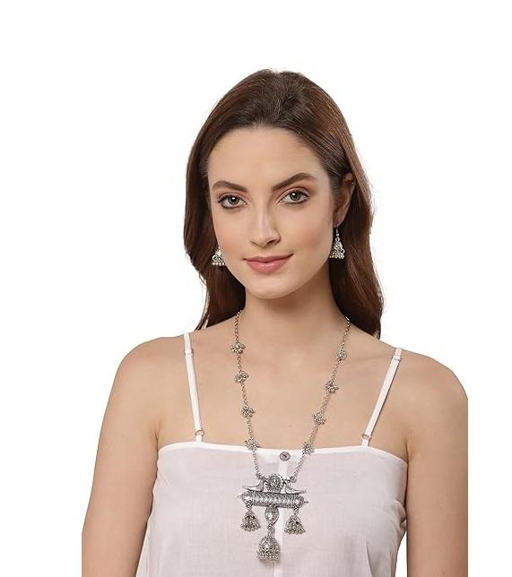 Women's Latest Stylish Design Fancy Oxidised Silver Afghani Chain Pendant Earrings Necklace Jewellery Set