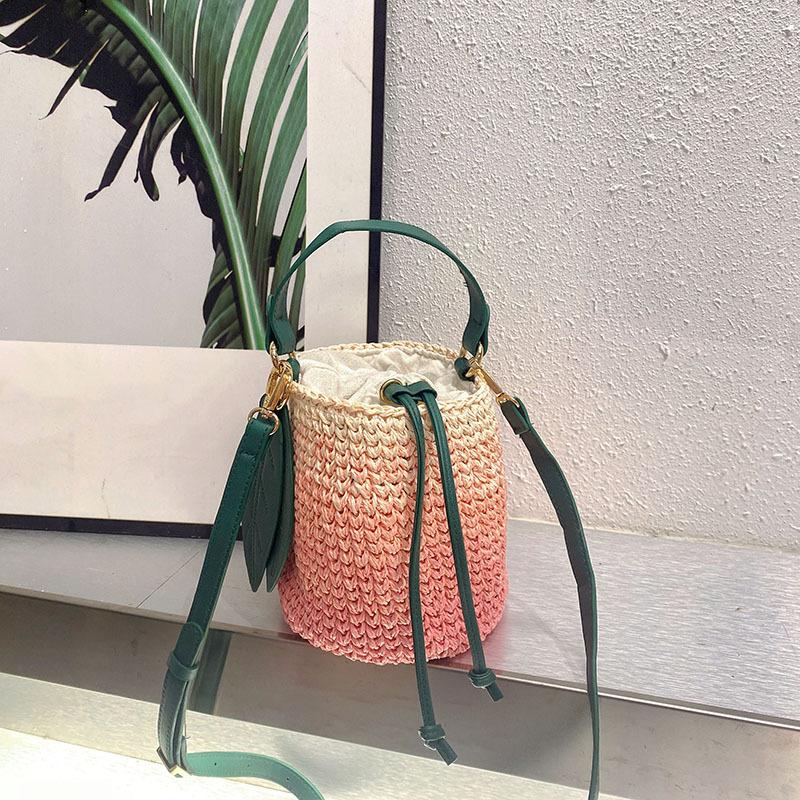 

Cute bucket bag portable shoulder hand-woven gradual change peach straw leaf vacation casual messenger bag