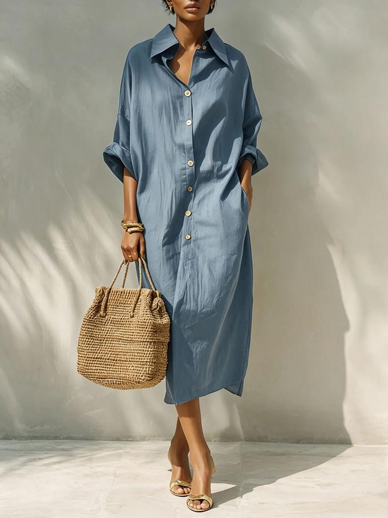 European and American summer new shirt lapel linen one-row button dress solid color casual commuter