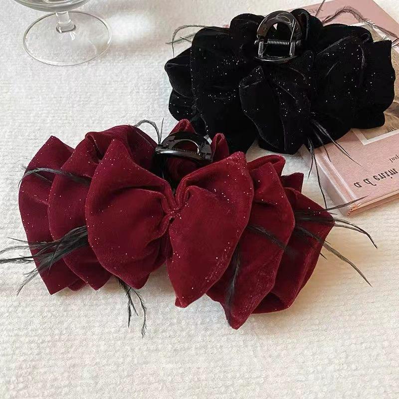 Herbst und Winter Samt Perlen Greifklemme Roter Schleifen Haarklammer Hinterkopf Pferdeschwanz Klemme Haarnadel