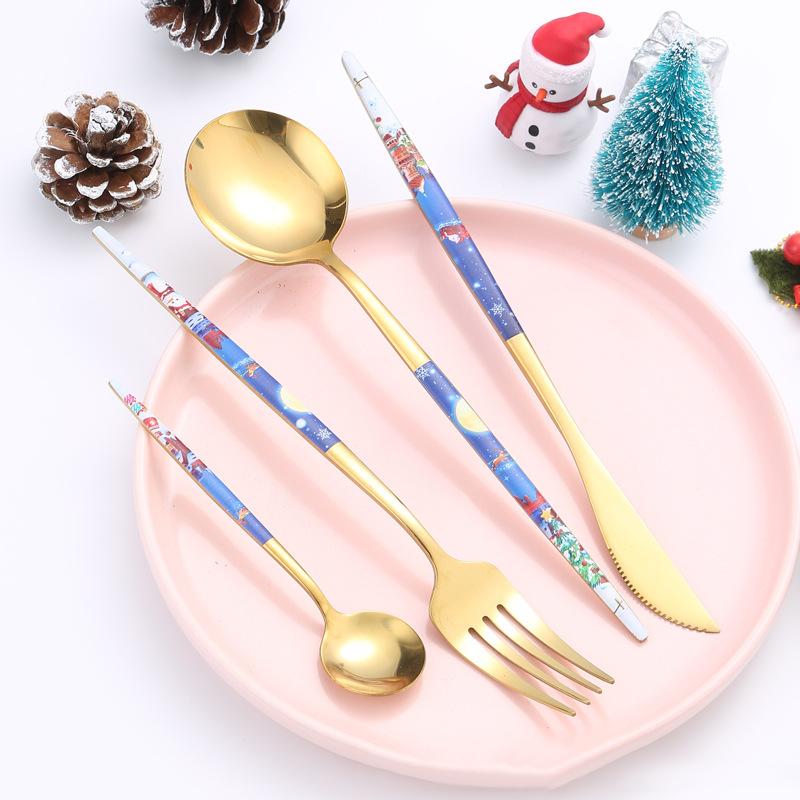Jule Bestikksett i Rustfritt Stål Kreativ Kniv, Gaffel, Skje Bærbar 4 Deler Middagssett Julegaveeske