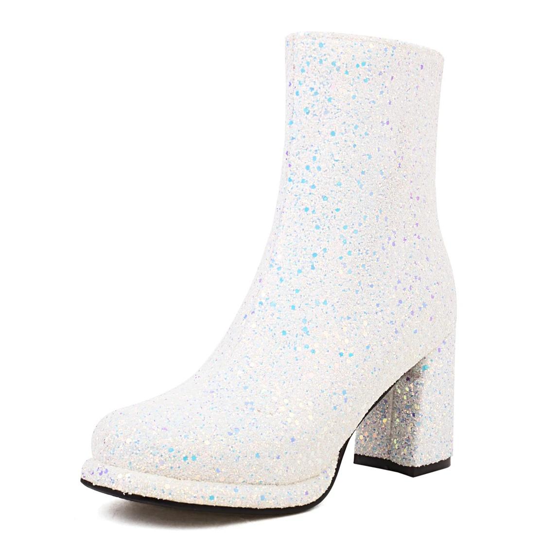 

Блестящие Золотые Серебряные Ботильоны из Ткани с Пайетками Женские Высокие Массивные Каблуки Белые Блестящие Вечерние Платья Леди Зимние Ботильоны на Молнии 33