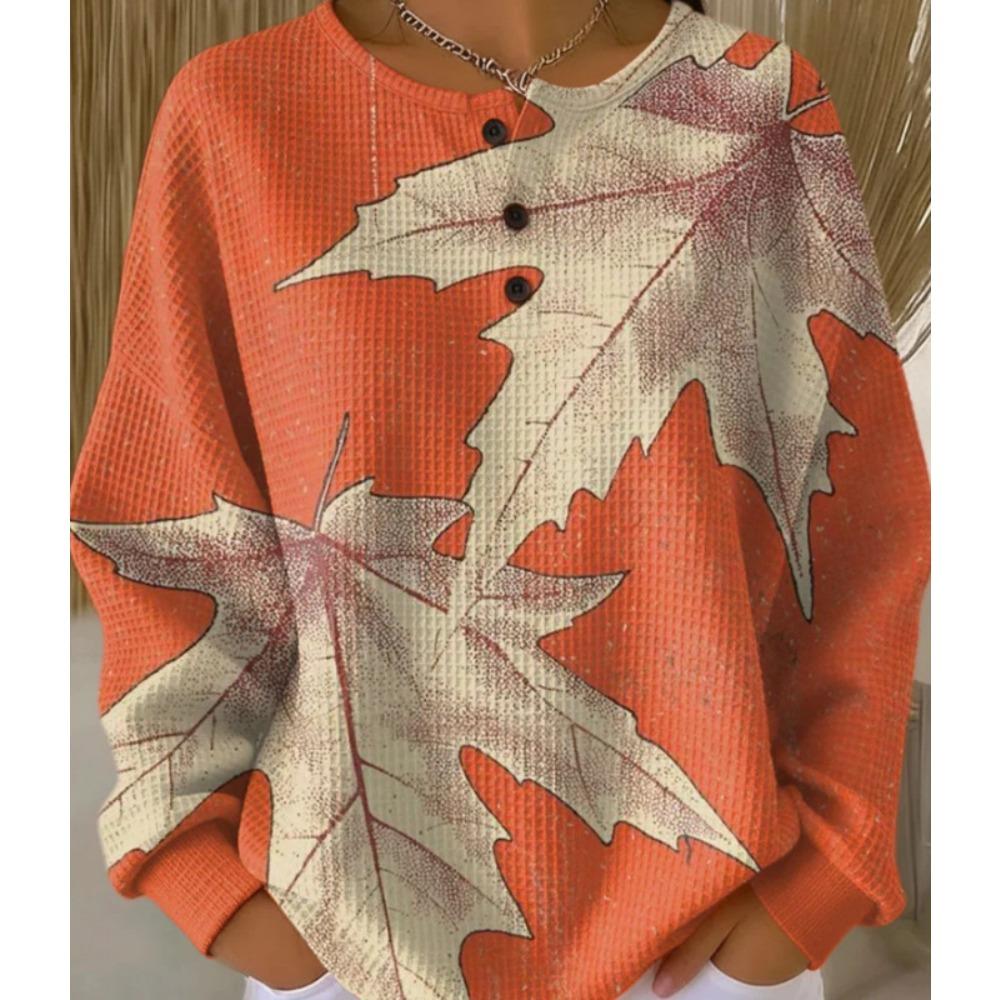 Women's Crew Neck Three‑Button Placket Color‑Block Striped Waffle Knit Loose Long Sleeve Top
