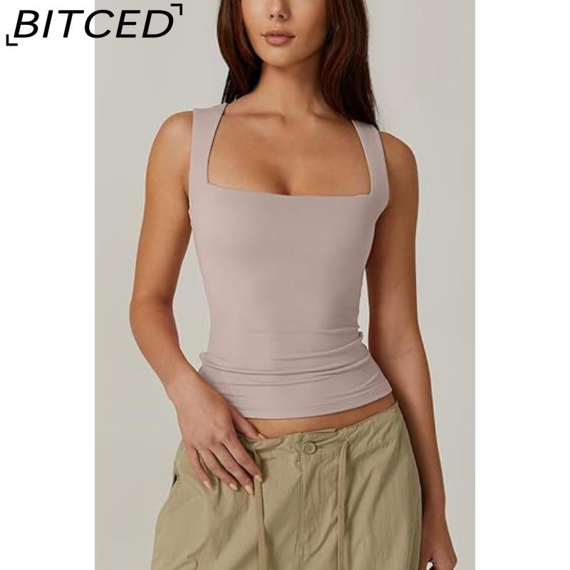 BITCED Women's Summer Square Neck Sleeveless Double-Layer Tank Top Basic Fitted T-Shirt