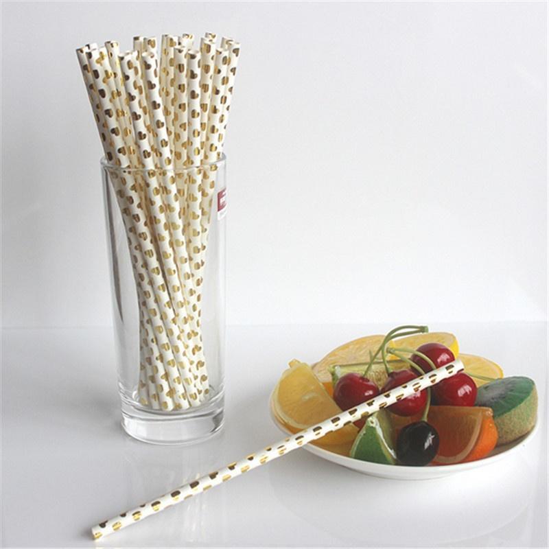 25Pcs/Bag Happy New Year Drinking Paper Straws Heart Foil Disposable Paper Staw Happy Birthday