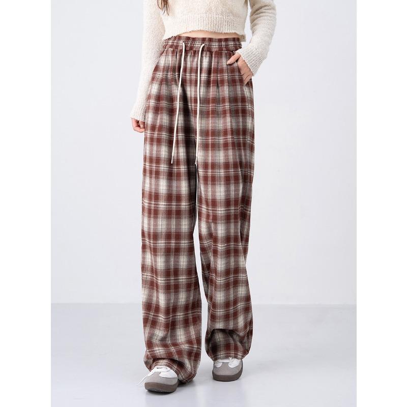 

Plaid pants women s autumn and winter new high-waisted slim straight loose pear-shaped wide-leg pants casual trousers L