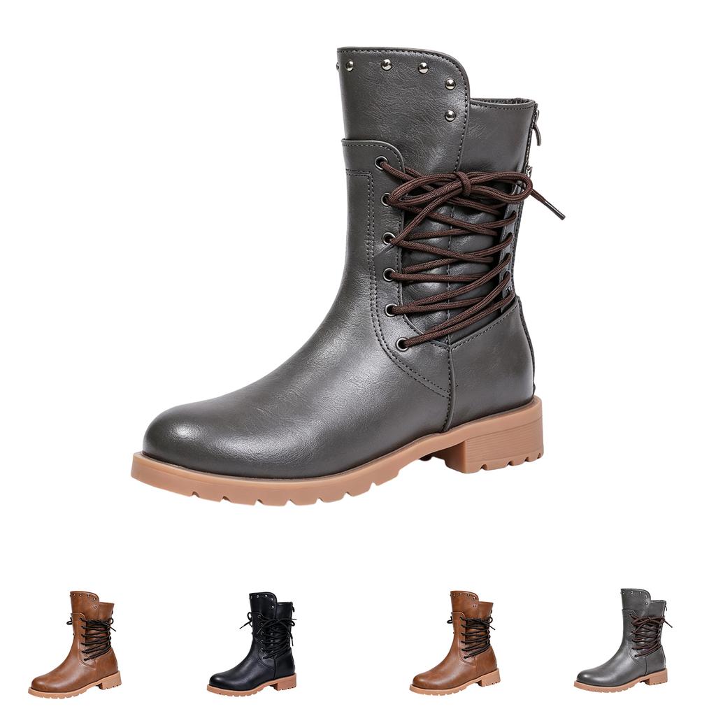 Women's Side Lace-Up Heel Mid-Calf Boots for Fall Fashion