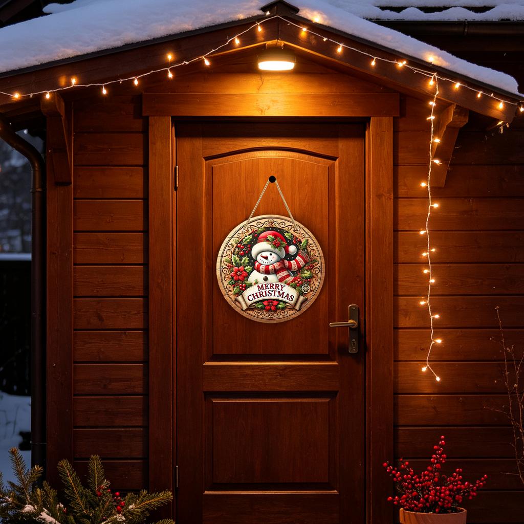 Christmas Wooden Hanging Sign with and Snowman - Holiday Door Decoration Ornament for Home