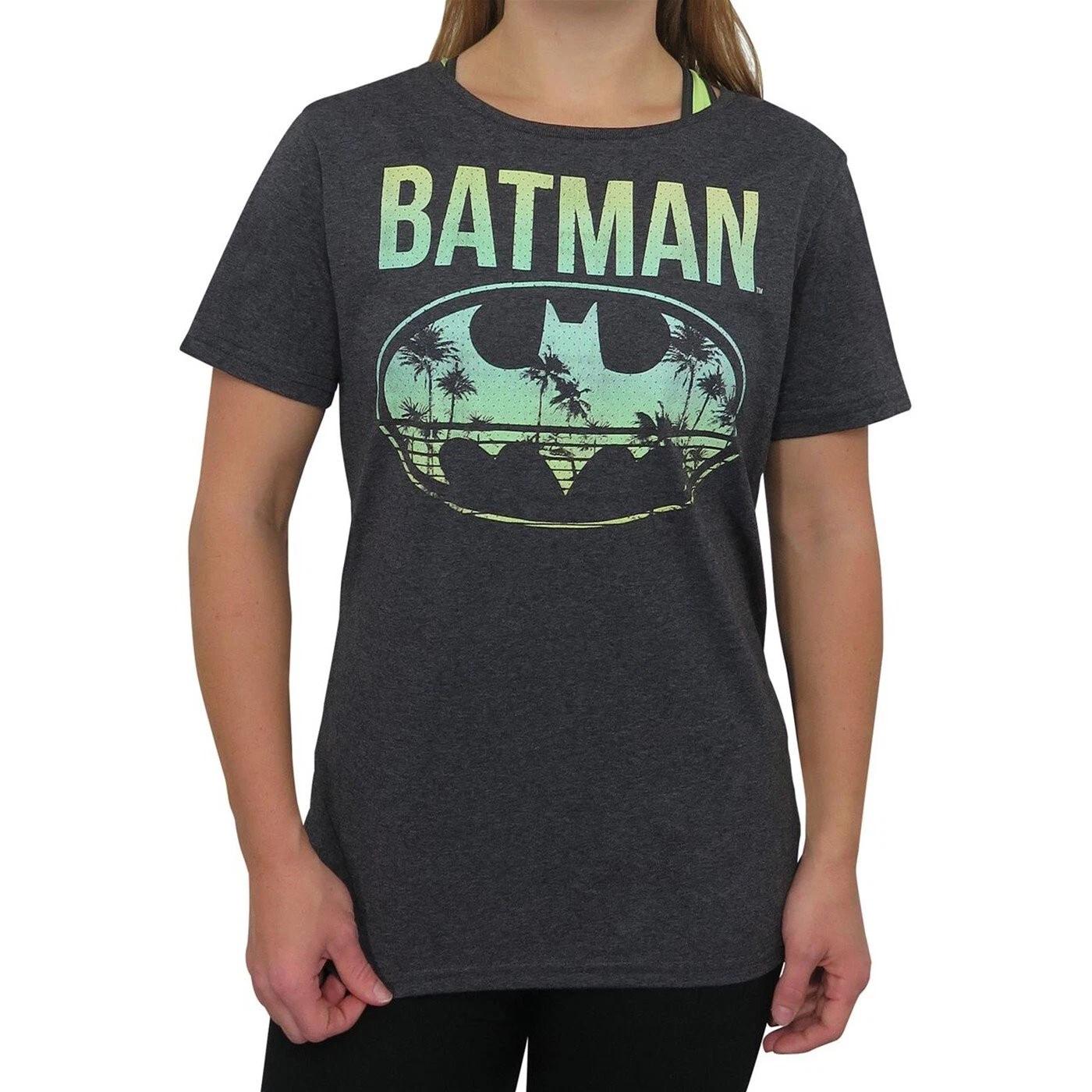 Batman Juniors Batman Hollywood Palm Tree Beach Logo Fill Shirt NWT S-2XL 4XL
