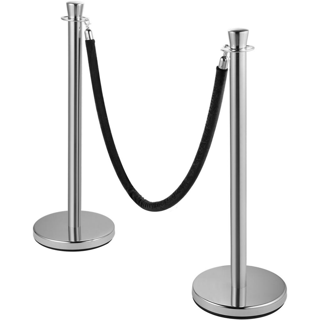 Crowd Control Stanchion, Set of 2 Pieces Stanchion Set, Stanchion Set with 5 ft/1.5 m Black Velvet Rope, Silver Crowd Control Barrier with Sturdy