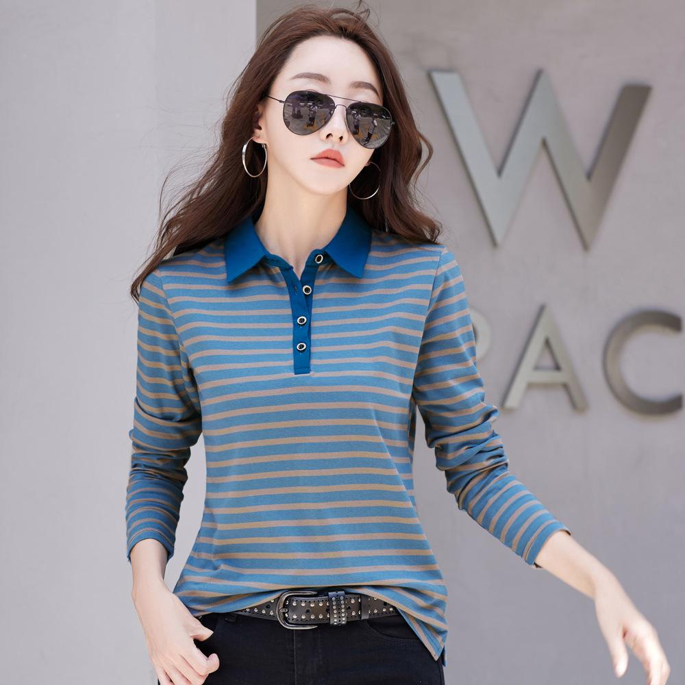 New Style Lapel Striped Long-sleeved T-shirt For Women In Autumn Korean Version 95 Cotton Button Temperament Korean Version Slimming Top
