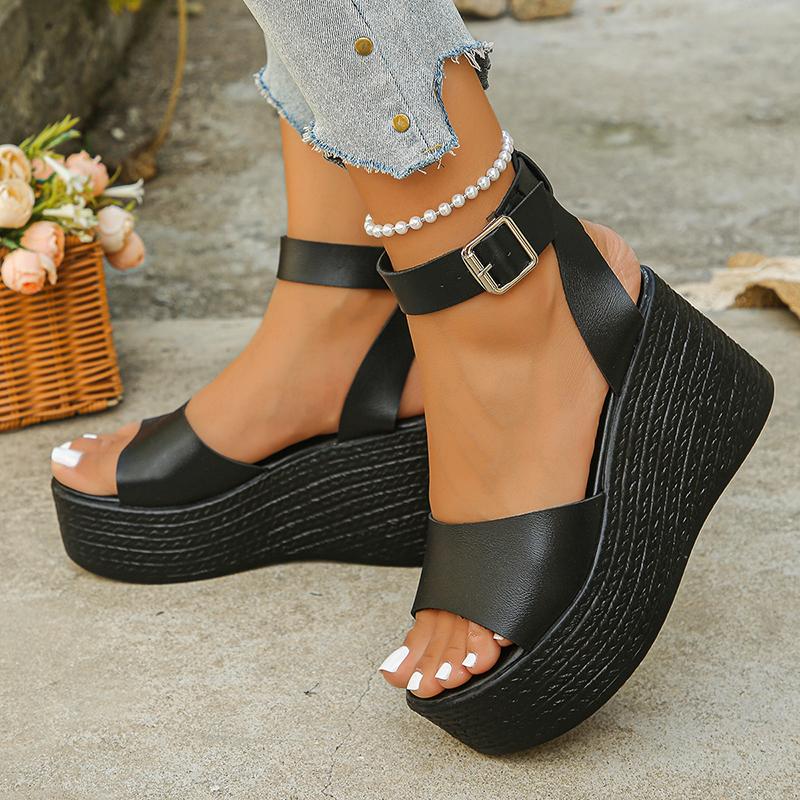 Fashion Women's Thick Sole Black Wedge Sandals Fashion Ankle Strap Chunky Platform Sandals Woman Super High Heel Summer Sandalias Mujer