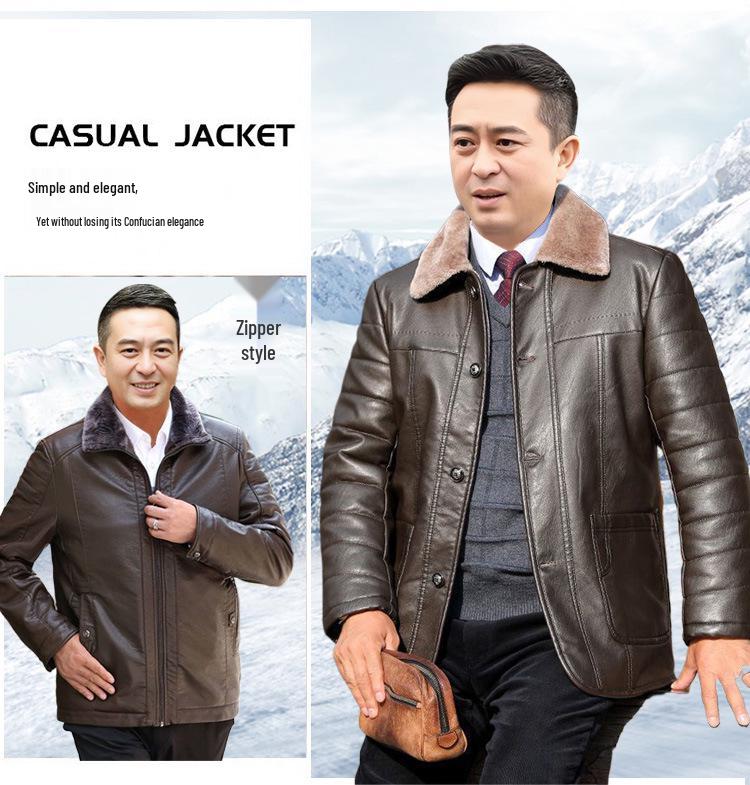 50-Year-Old Dad's Plus Velvet Thickened Leather Jacket for Middle-Aged & Elderly Men - Winter Cotton Padded Grandpa Jacket