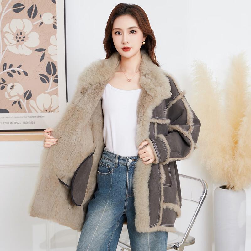 KAISER Women's Chic Rabbit Fur Mid-Length Coat