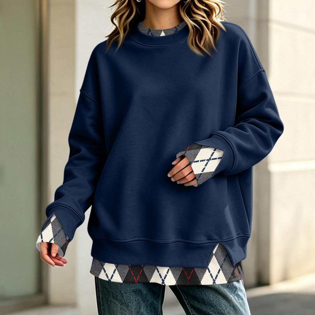 Women's Casual Long Sleeve Loose Fit Sweatshirt with Two-Piece Layer Design