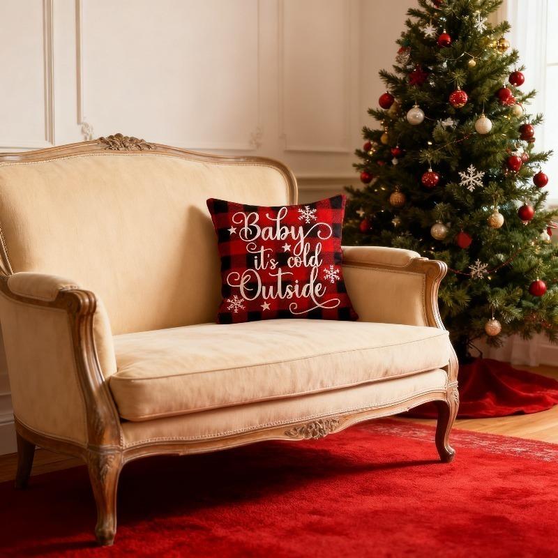Christmas Pillow Covers Holiday Decorative Cushions Set of 4 for Sofa Bedroom Family Party Red Tree Snowflakes Reindeer Stars