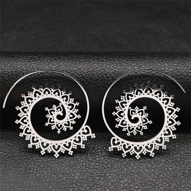 Indian Hoop Stainless Steel Mandala Openwork Flower Tribal Ethnic Earrings Bohemian Ornaments Earrings Women Jewelry E8954S01