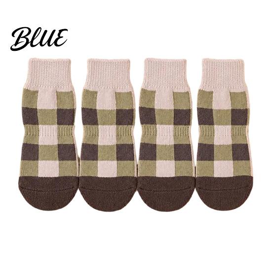 Durable Cotton Socks for Dogs 4Pcs Plaid Dog Socks Anti-Slip Pet Paw Covers with Adjustable Pattern Straps Breathable Ribbed Protectors Indoor