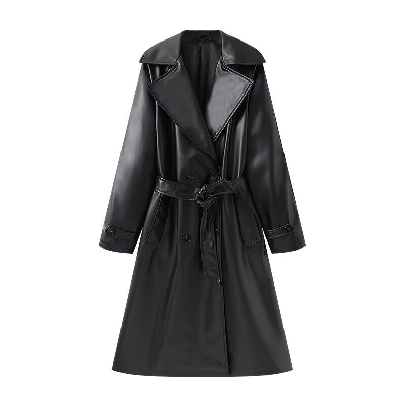 Kaslead New Arrival Women's Clothing Fashion Style Fashion Polo Collar Series Belt Mid Length Long Length Leather Wind Coat Outwear