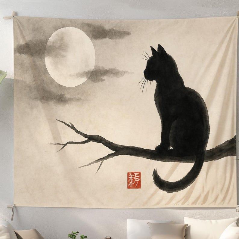 Japanese black cat tapestry 75x100 чёрный