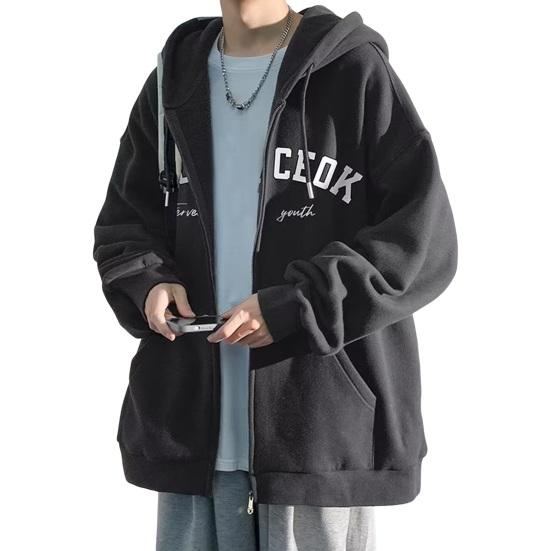 

Men Fall Winter Hoodie Letter Print Drawstring Loose Hooded Zip-up Cardigan M темно-серого