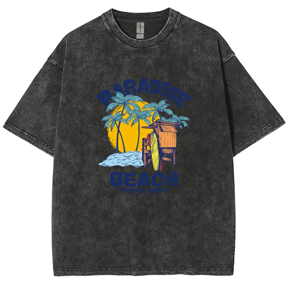 PARADISE BEACH Tryckt T-shirt Rundhals Pullover Topp Oversize Street Casual Stil Att Göra Gammalt Par Kort Ärm