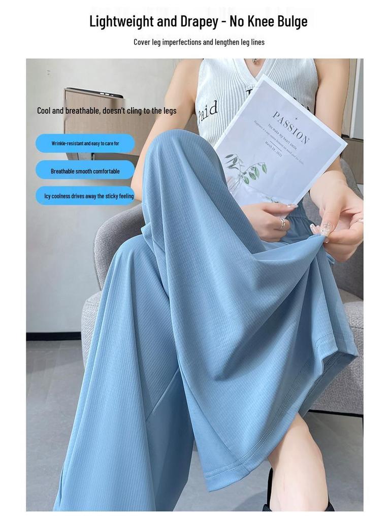 High-Waisted Ice Silk Women's Culottes - Lightweight, Wide-Leg, and Slimming Nine-Point Pants for Summer.