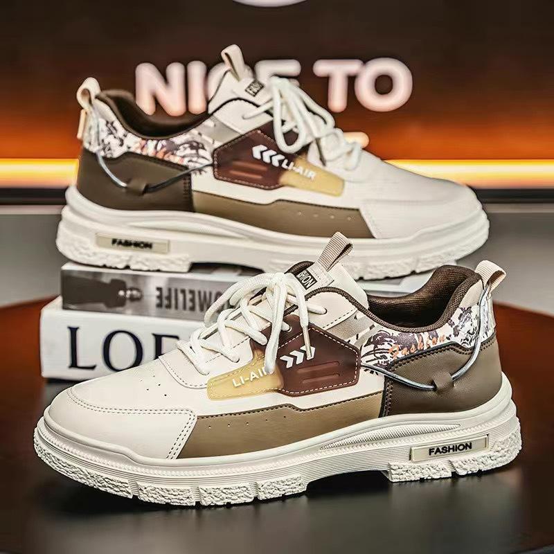 

Spring student men s shoes new leather waterproof thick sole wear-resistant sports and leisure men s tooling trend board shoes 39 бежевый