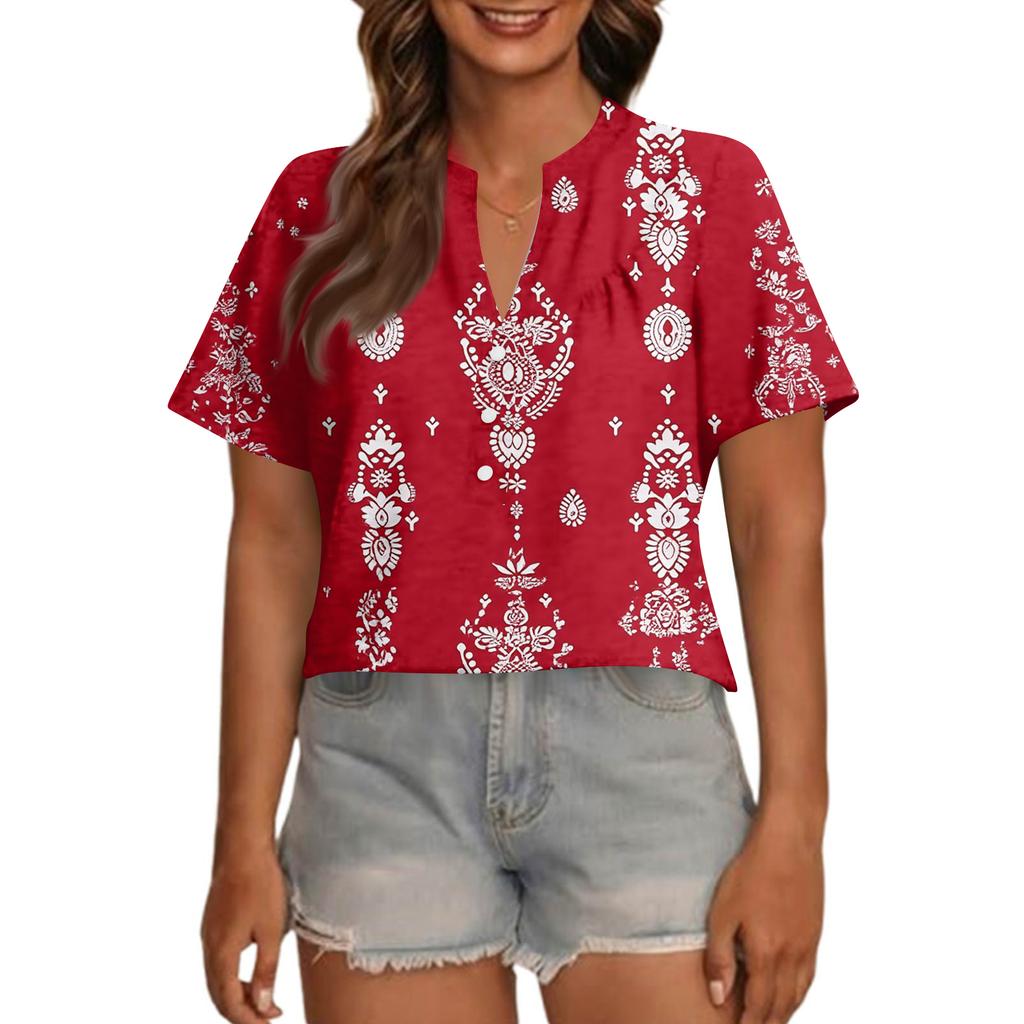 Modisches, lässiges Damen-Top mit V-Ausschnitt, Knopfleiste, Oversize-Schnitt, kurzen Ärmeln und Print