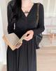 Plus Size Early Autumn High Waist V-Neck Black A-Line Dress - Korean Hepburn Style