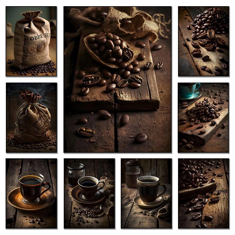 Coffee and Coffee Beans Food Modern Poster Canvas Painting Modular Wall Art Picture for Kitchen Restaurant Bar Home Atio