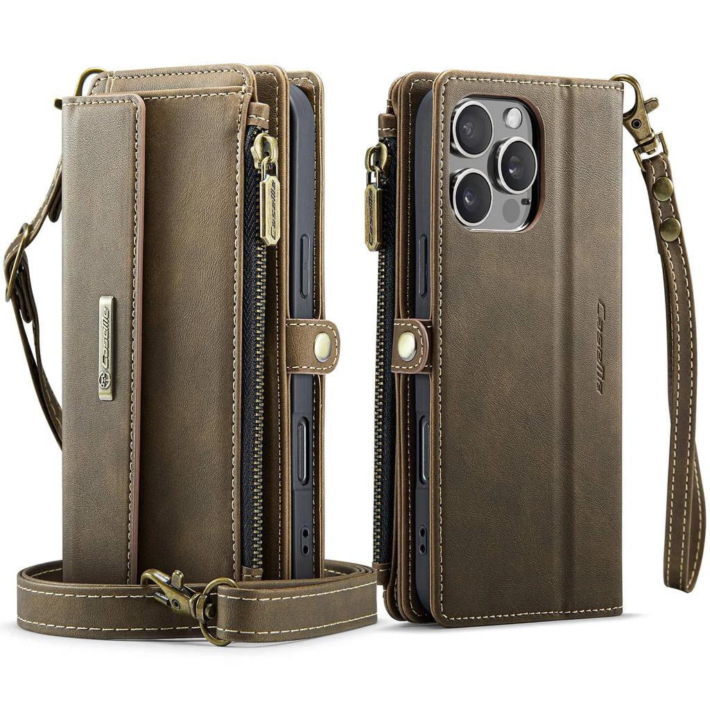 For IPhone 18 Pro Max 18 Pro Wallet Case, RFID Blocking Leather Case Kickstand Flip Cover Wrist Strap Zipper Card Holder Slots