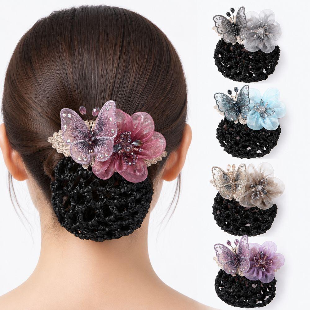 Butterfly Flower Elastic Hair Net Rhinestone Beads Decor Office Hair Flower  Bank Working Hair