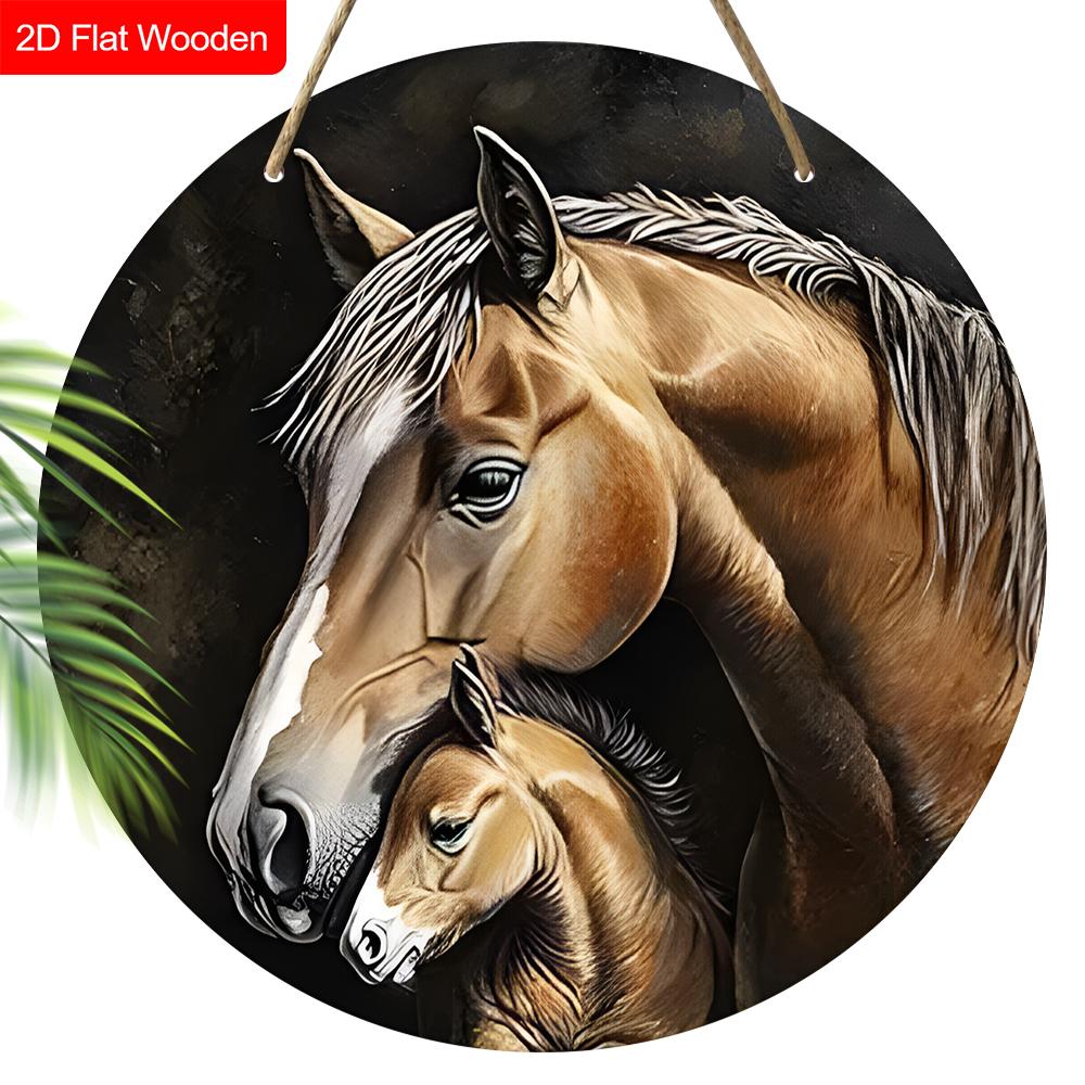 Деревянная табличка в деревенском стиле с рисунком лошади - Очаровательная круглая табличка для входной двери, настенный декор - Идеальный подарок для друга и семьи коричневый