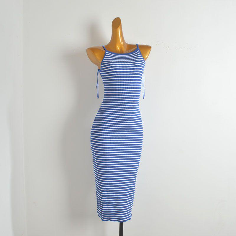 

Western Style Gyaru Contrast Color Striped Knitted Suspender Skirt Women clothes Summer New Waist Hugging Slimming Sheath Dress