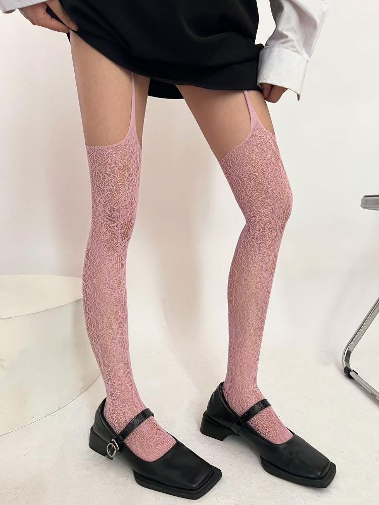 Hollowed Out Lace Fishnet Suspender Socks Women Sexy Slim Nylon Mesh Thigh High Stockings White Tights Open Crotch Pantyhose
