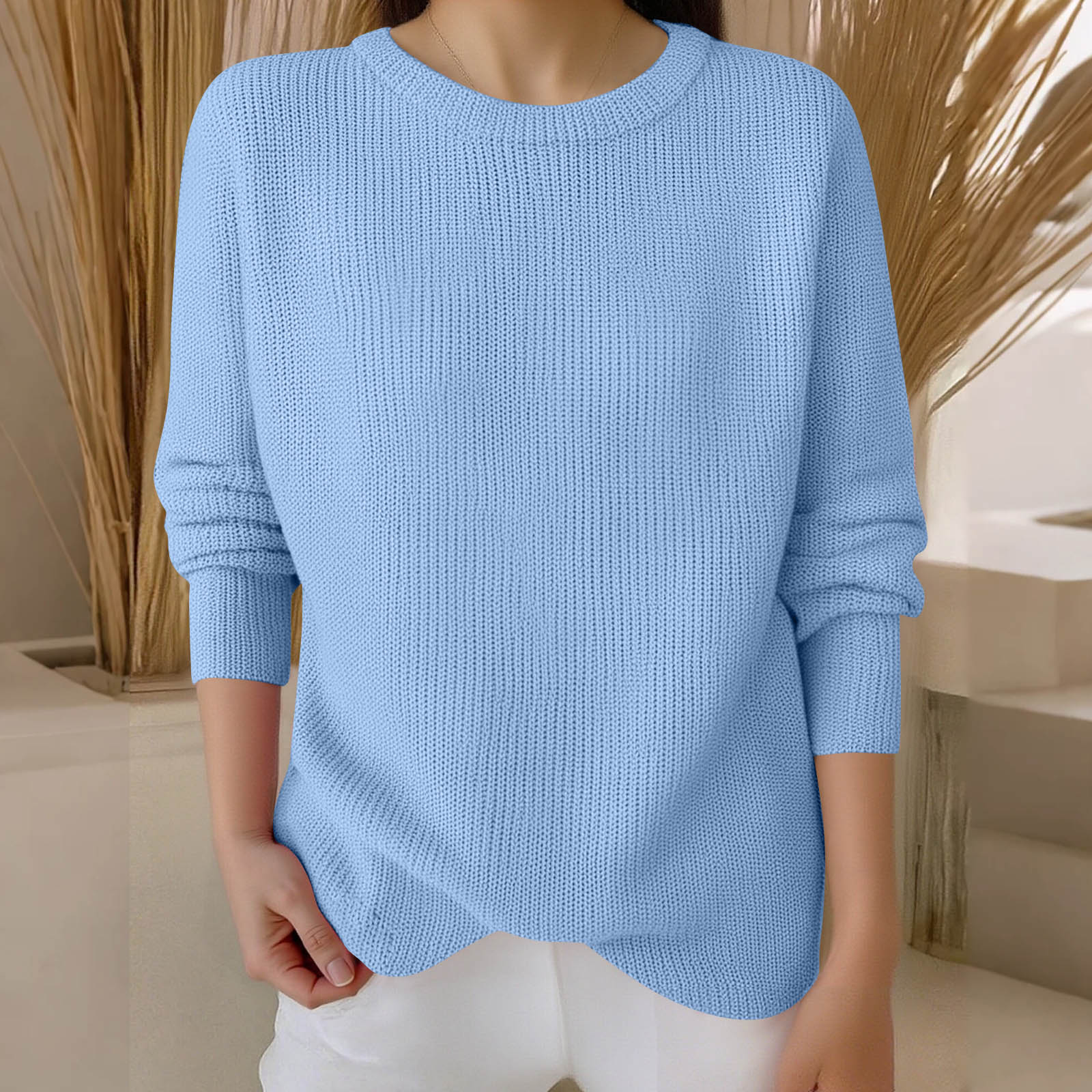 

Пуловеры с длинным рукавом для женщин, с круглым вырезом, повседневные, милые, с принтом, вязаные, оверсайз L синий