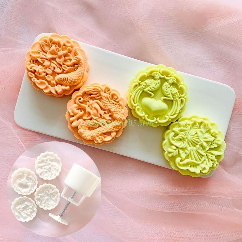 24TE DIY 3D Mooncake Mold Set 150g Dragons Fish Pattern Plastic Moon Cake Mold Press Safe Cookie Mold for Mid-Autumn Festival