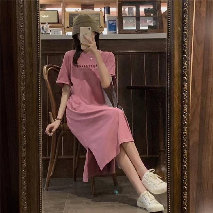 Plus Size Korean Summer Over-Knee Dress – Loose Fit, Belly-Covering, Short Sleeve, Long Length T-Shirt Dress for Women
