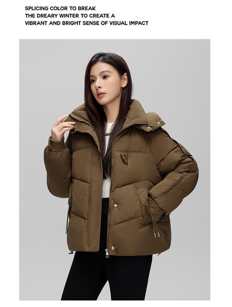 Damen Herbst- und Wintermantel Einfarbig Stehkragen Kapuze Locker Kurz Verdickt Winddicht Damenjacke
