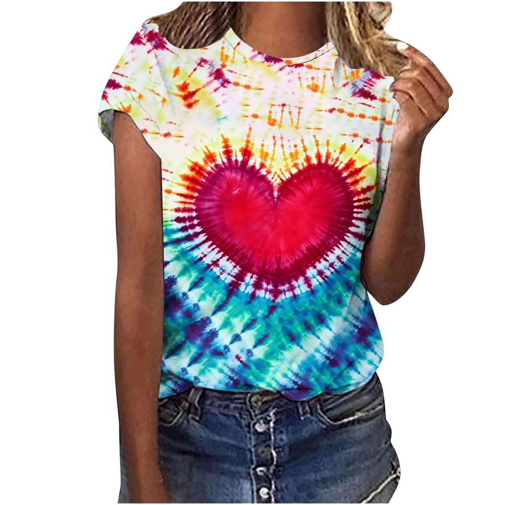 Heart Graphic 3D Print Tie Dye T-Shirts Women O-Neck Short Sleeve T Shirt Streetwear Y2k Harajuku Tees Basic Top Female Clothing