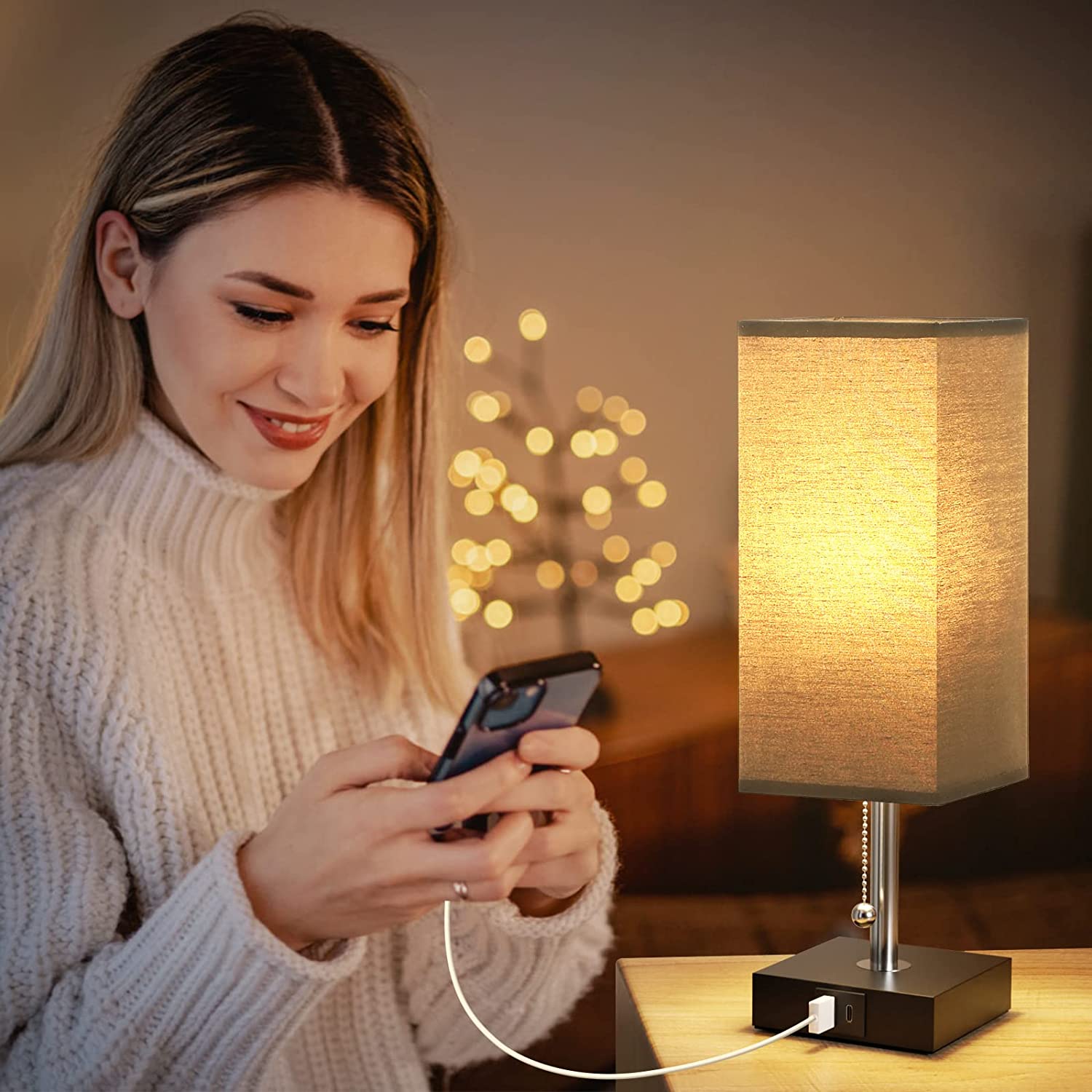 Lampe De Chevet Bleue Cgiub – Abat-jour Tissu, Base Bois, Lumière Chaude LED, Port USB, Pour Chambre, Bureau - 4
