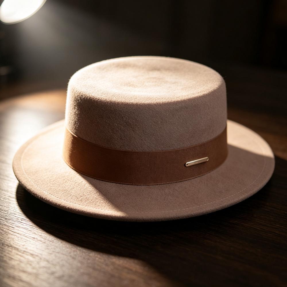 Large Size White French Big Head Circumference Felt Hat High-end Elegant Flat Hat Autumn and Winter New Wool Top Hat Women