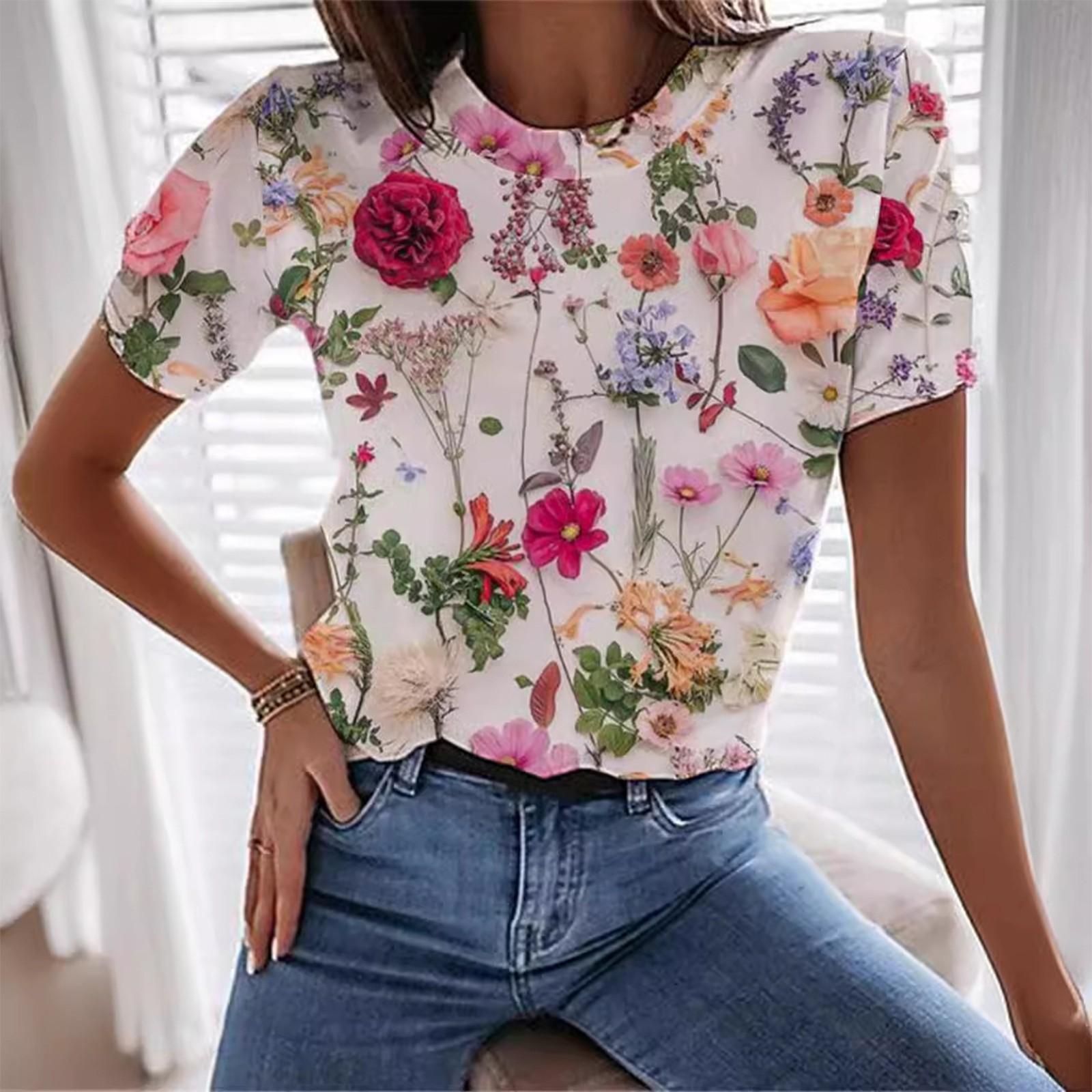 

Летняя футболка с короткими рукавами и круглым вырезом с цветочным принтом для женщин XL красный