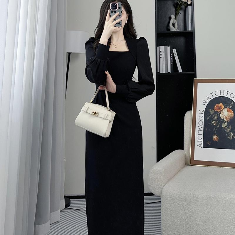 

Весеннее элегантное приталенное повседневное платье миди с длинным рукавом, квадратным вырезом и французским поясом 2XL чёрный