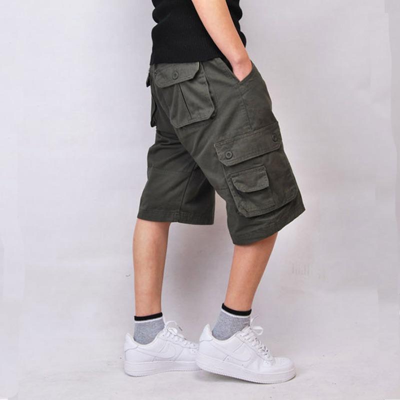 Men solid khaki multi pocket cargo knee shorts loose fit outdoor street casual walking bottoms