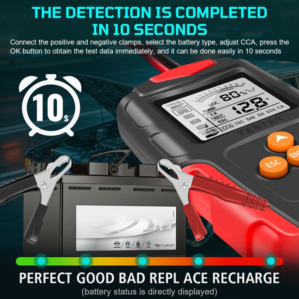Auto- und Motorrad-Batterietester, 12V 24V Digitaler Analyzer, Misst SOH, SOC, CCA und IR, Batterietestwerkzeug für Auto, LKW und Motorrad